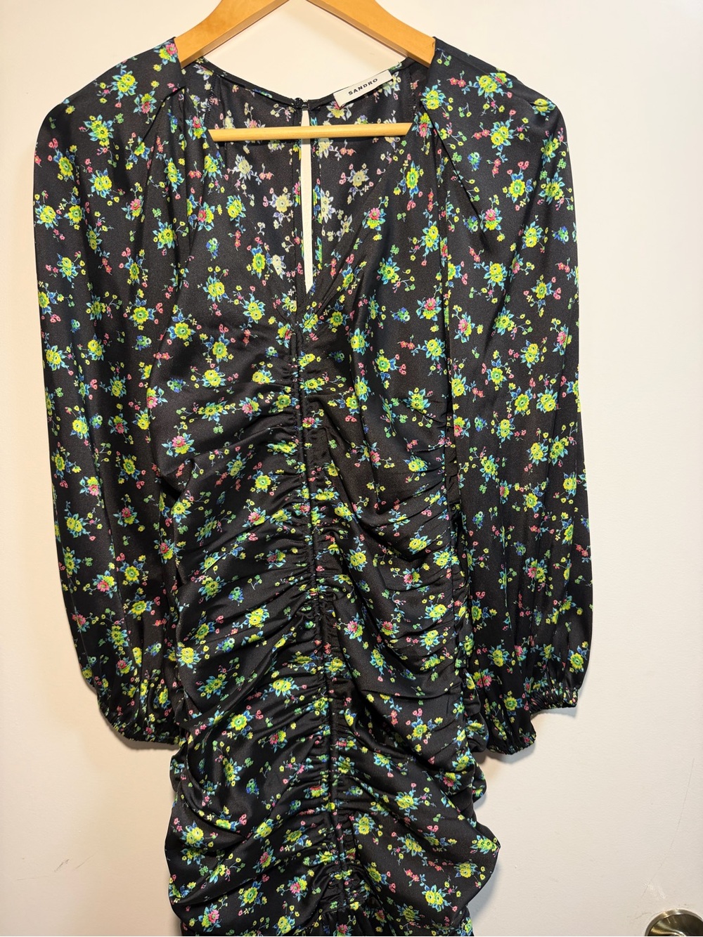 Sandro Novalee Floral Ruched Mini Dress Noir Black V-Neck Ruffle NWT US 4 $415 - Picture 4 of 12